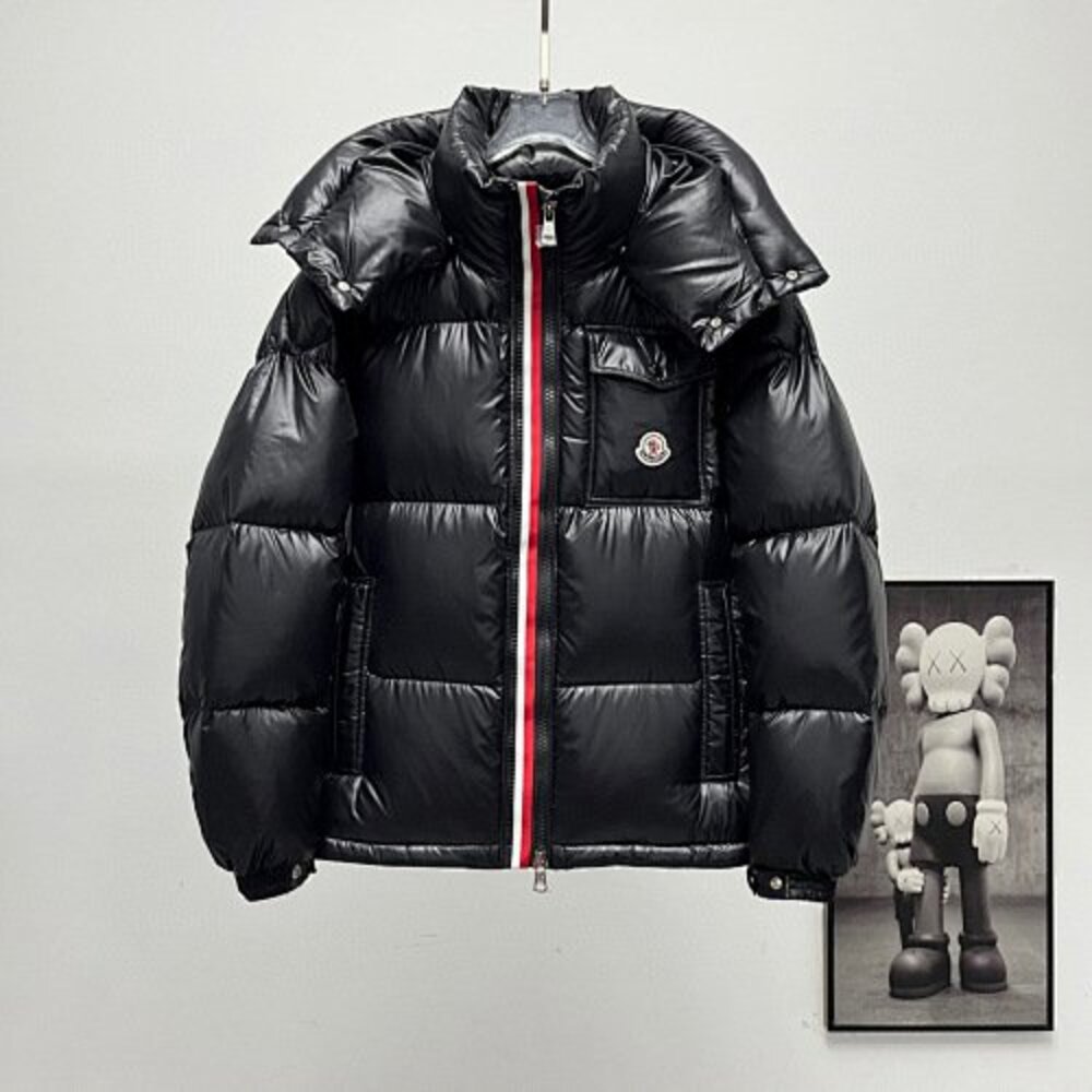 Moncler Black Shiny Hooded Down Jacket Tricolor Zipper
